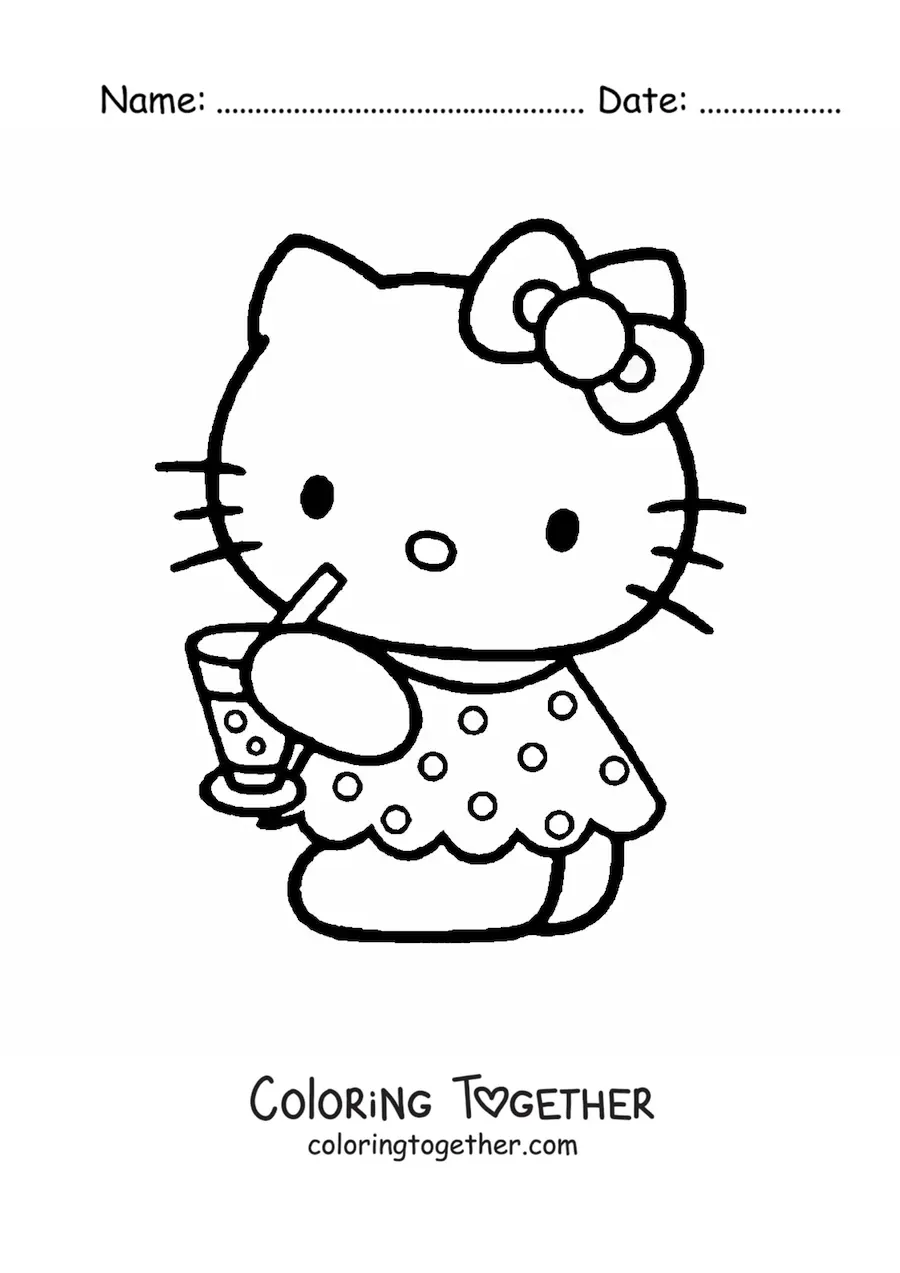Coloring page of Hello Kitty dressed for summer drinking a soda