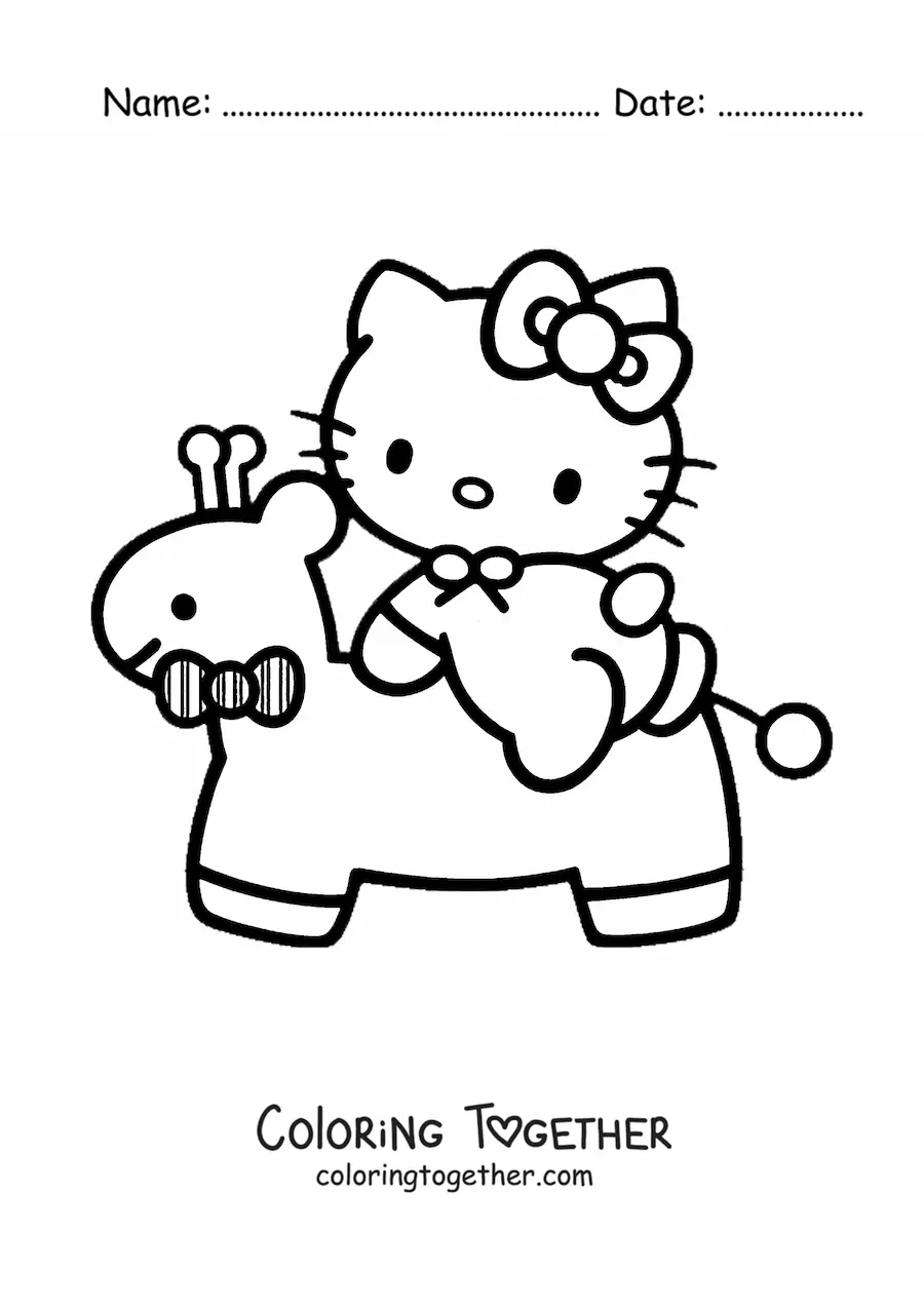 Coloring page of baby Hello Kitty on a toy giraffe