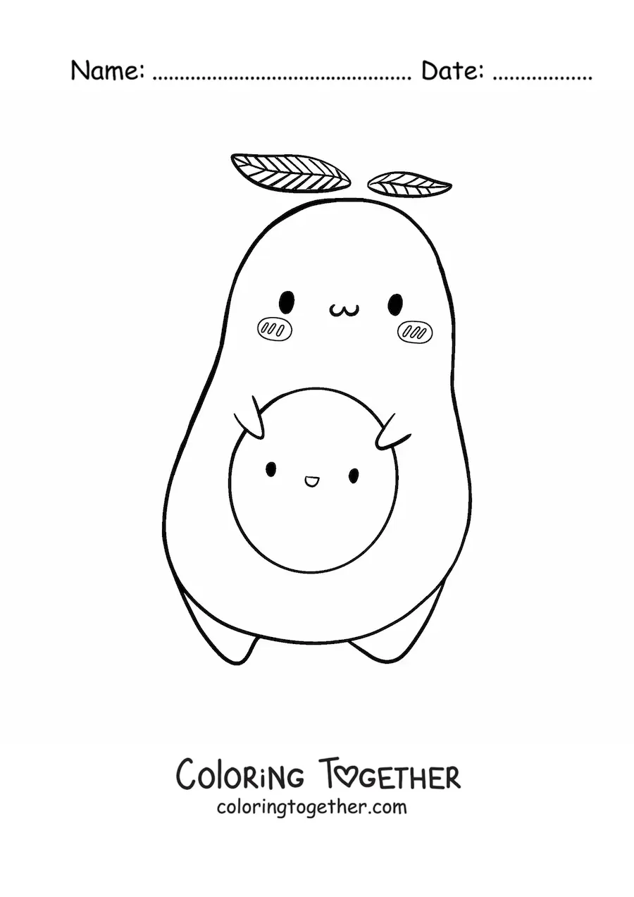 Coloring page of a cute cartoon avocado holding its smiling cartoon pit