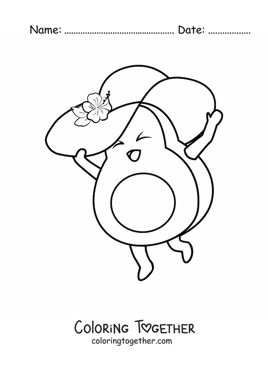 Coloring page of a cartoon avocado wearing a summer hat with a flower