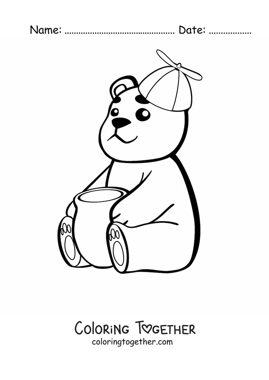Coloring page of a cartoon kawaii baby bear with a jar of honey