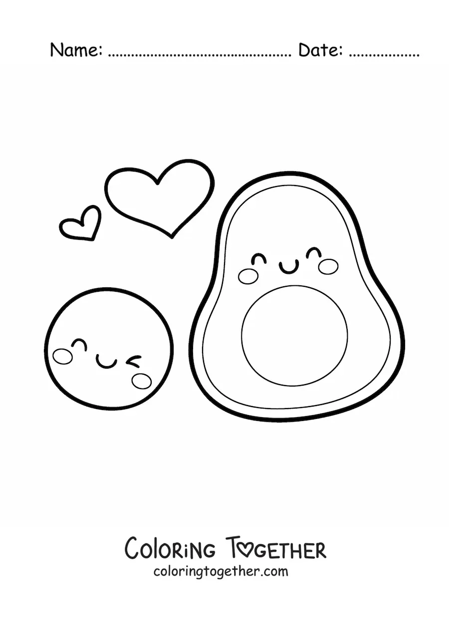 Coloring page of a kawaii cartoon avocado next to its smiling cartoon pit