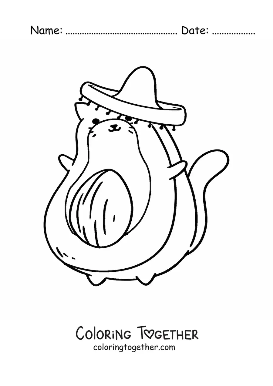Coloring page of a cartoon avocado-shaped cat wearing a Mexican hat
