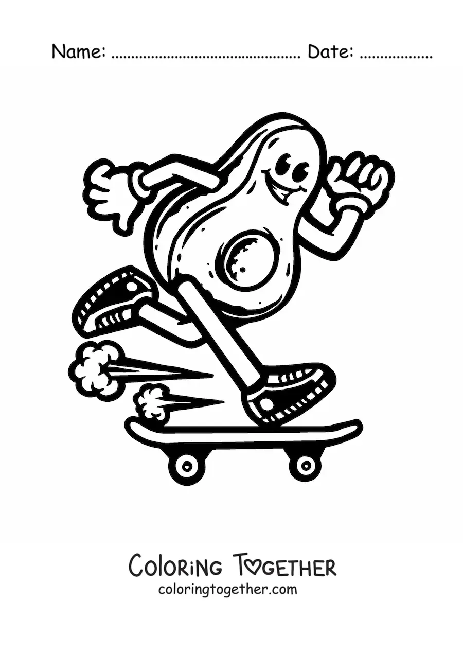 Coloring page of a cartoon avocado riding a skateboard at full speed