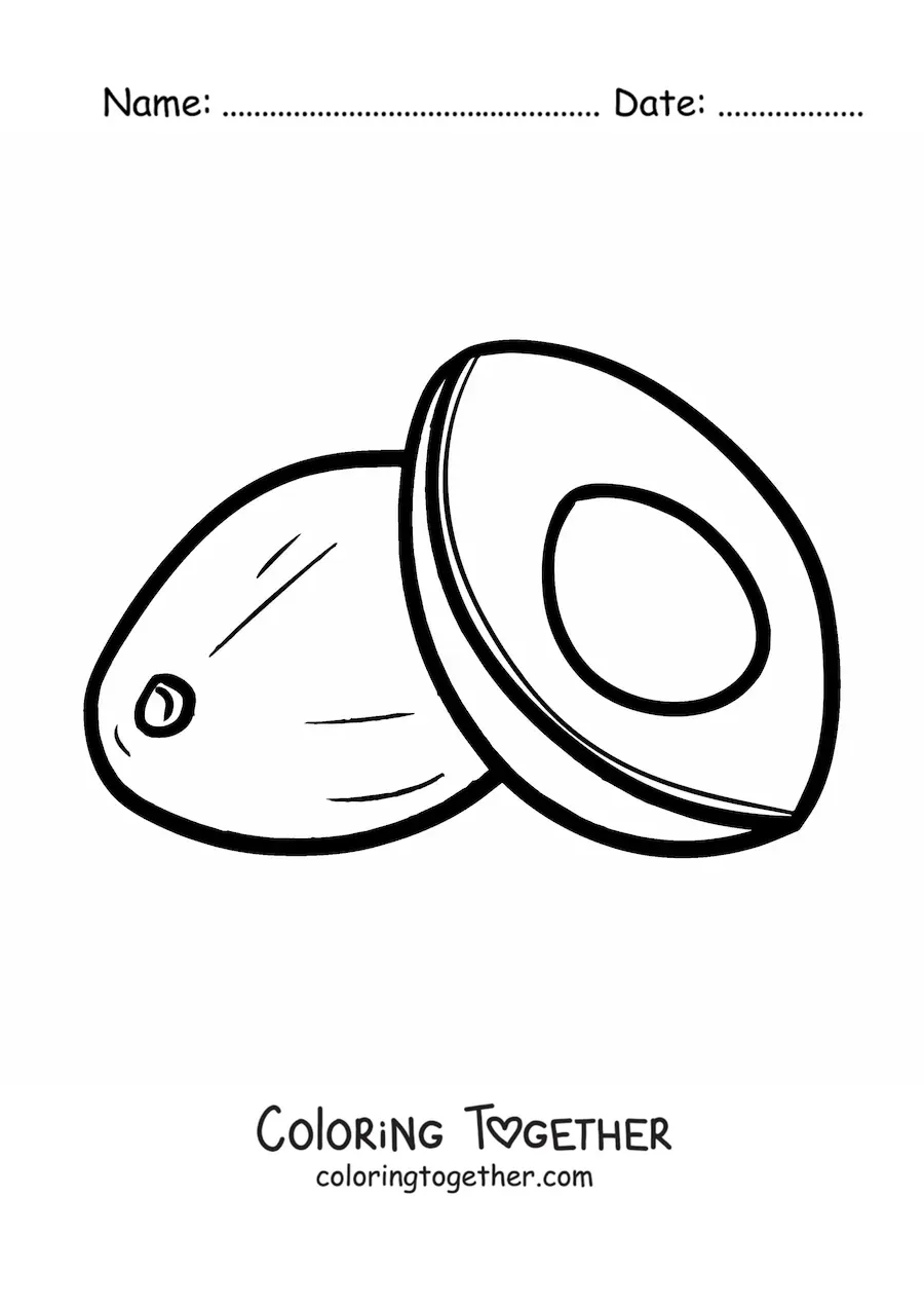 Coloring page of a sliced avocado next to a whole avocado