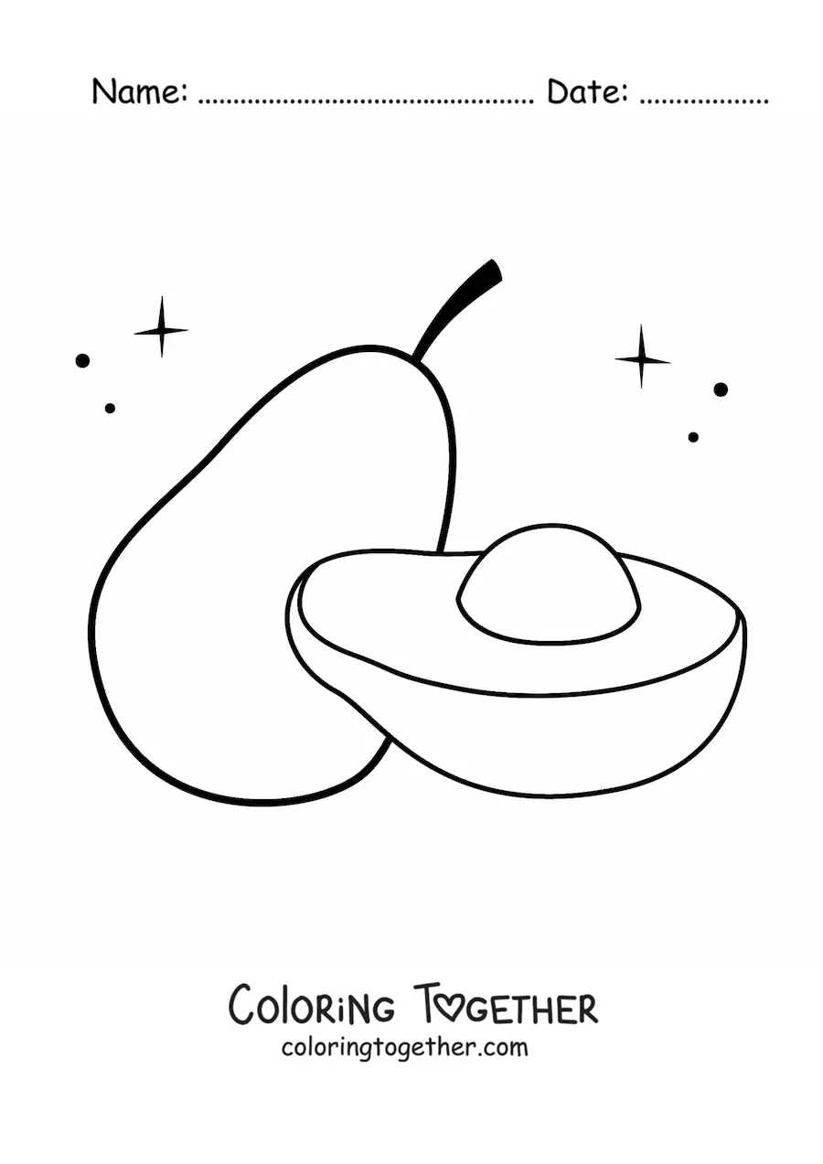 Coloring page of half an avocado next to a whole avocado