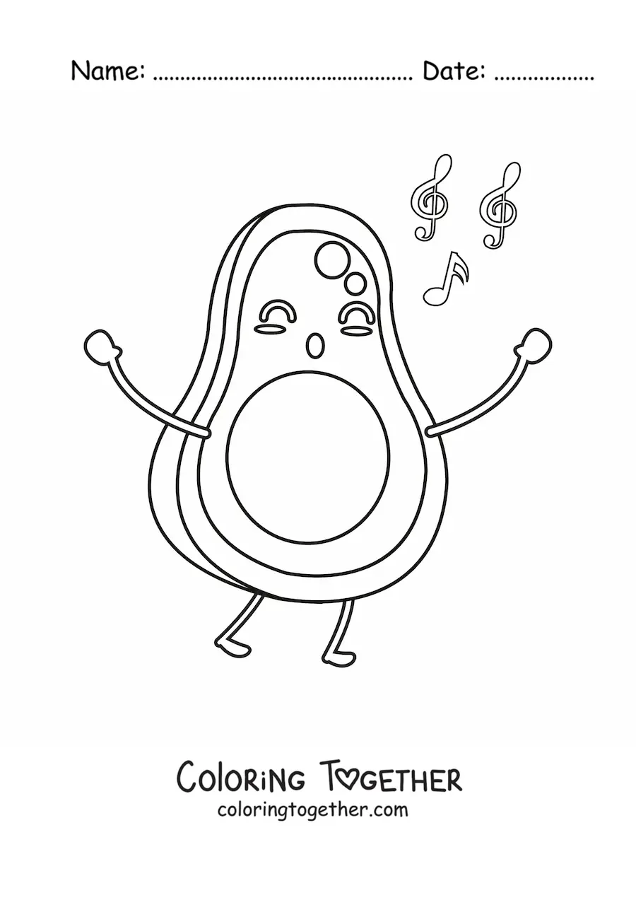 Coloring page of a cartoon avocado singing with floating musical notes