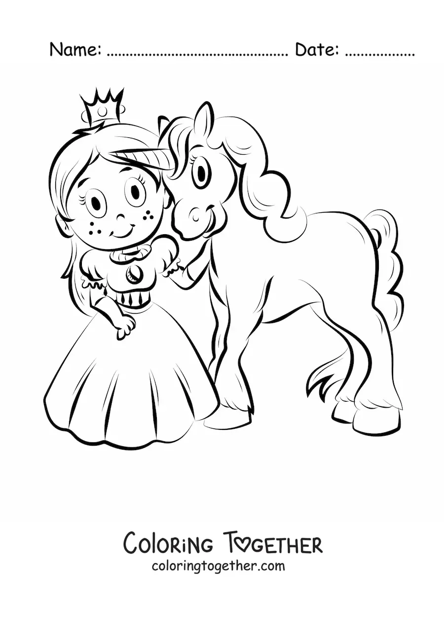 Animated coloring page of a little princess girl with a unicorn
