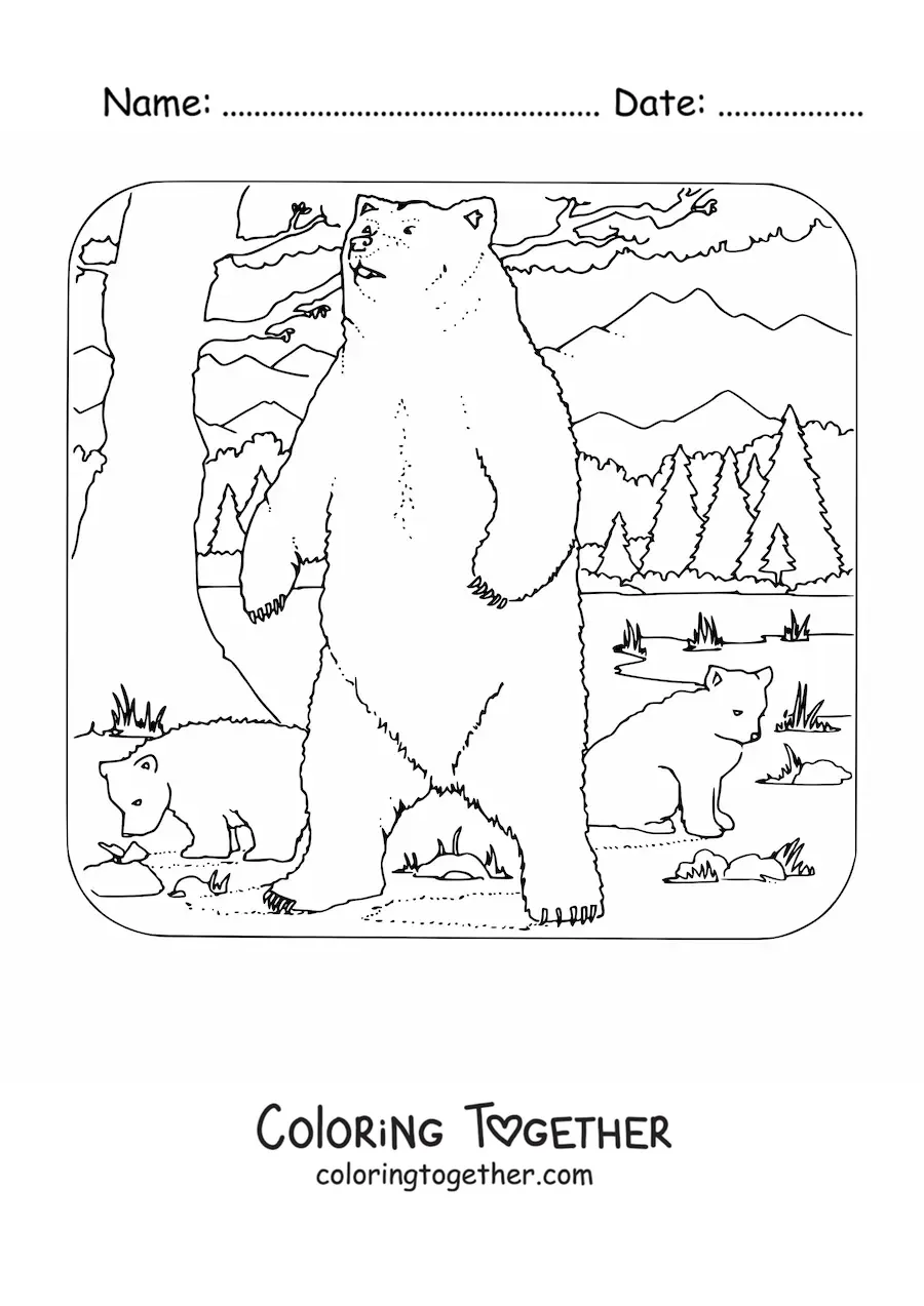 Coloring page of three wild grizzly bears in the forest