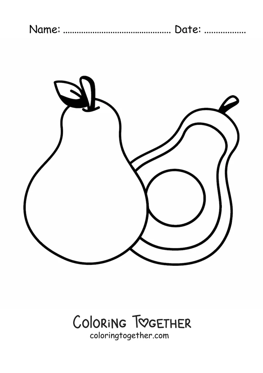 Coloring page of a whole avocado next to half an avocado