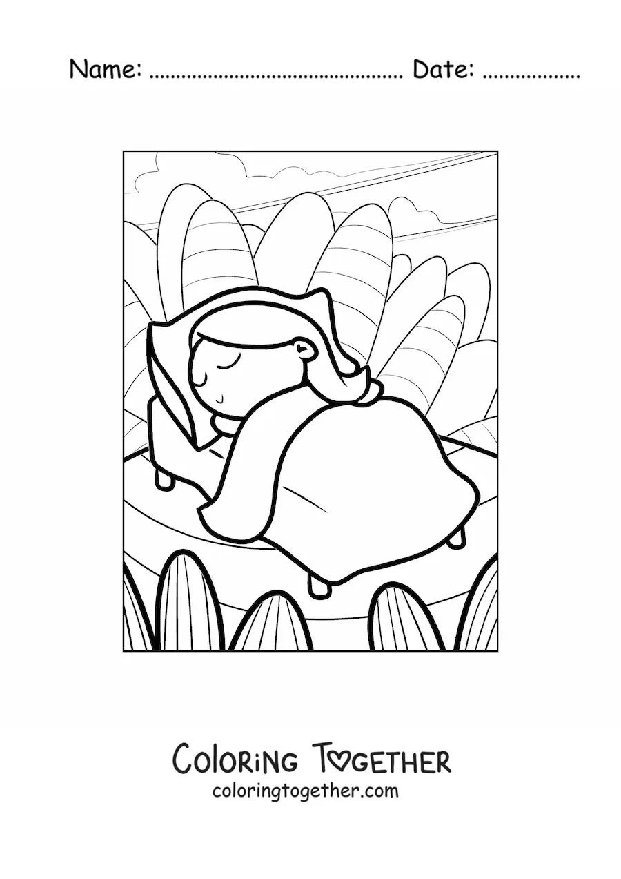 Coloring page of a girl sleeping peacefully in a bed with a landscape in the background