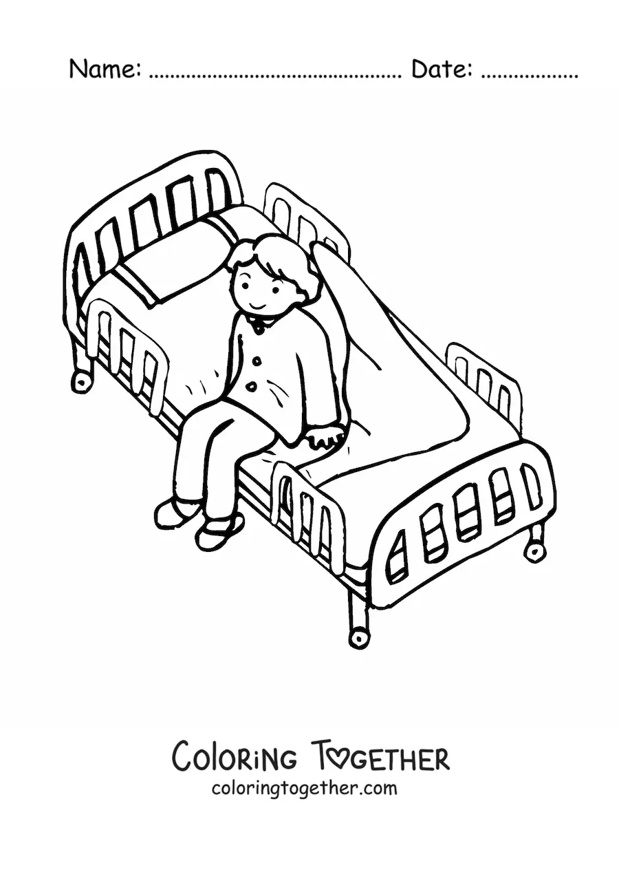 Coloring page of a patient sitting in an unmade hospital bed