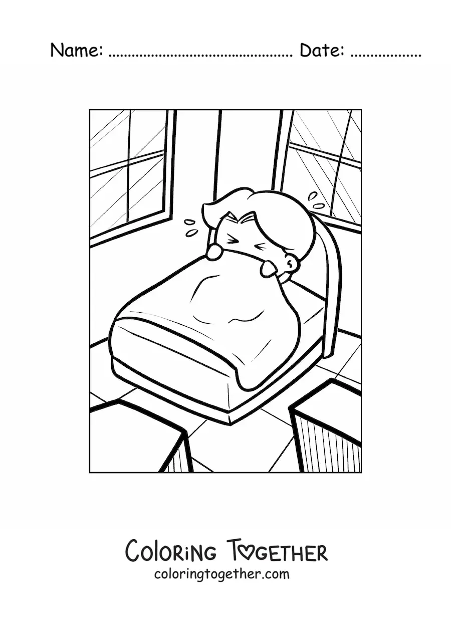 Coloring page of a frightened child in bed pulling the sheets over himself