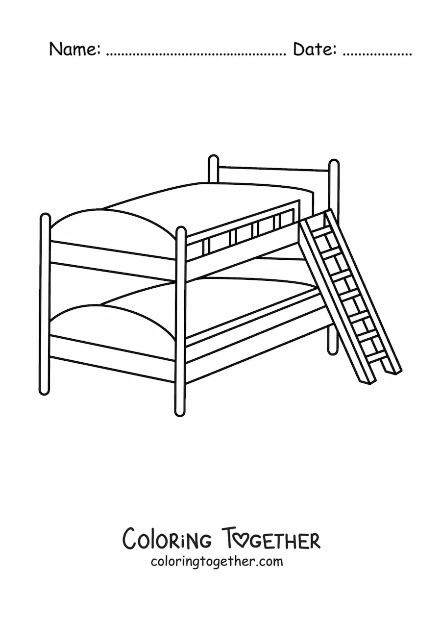 Coloring page of a two-tier bunk bed with a ladder