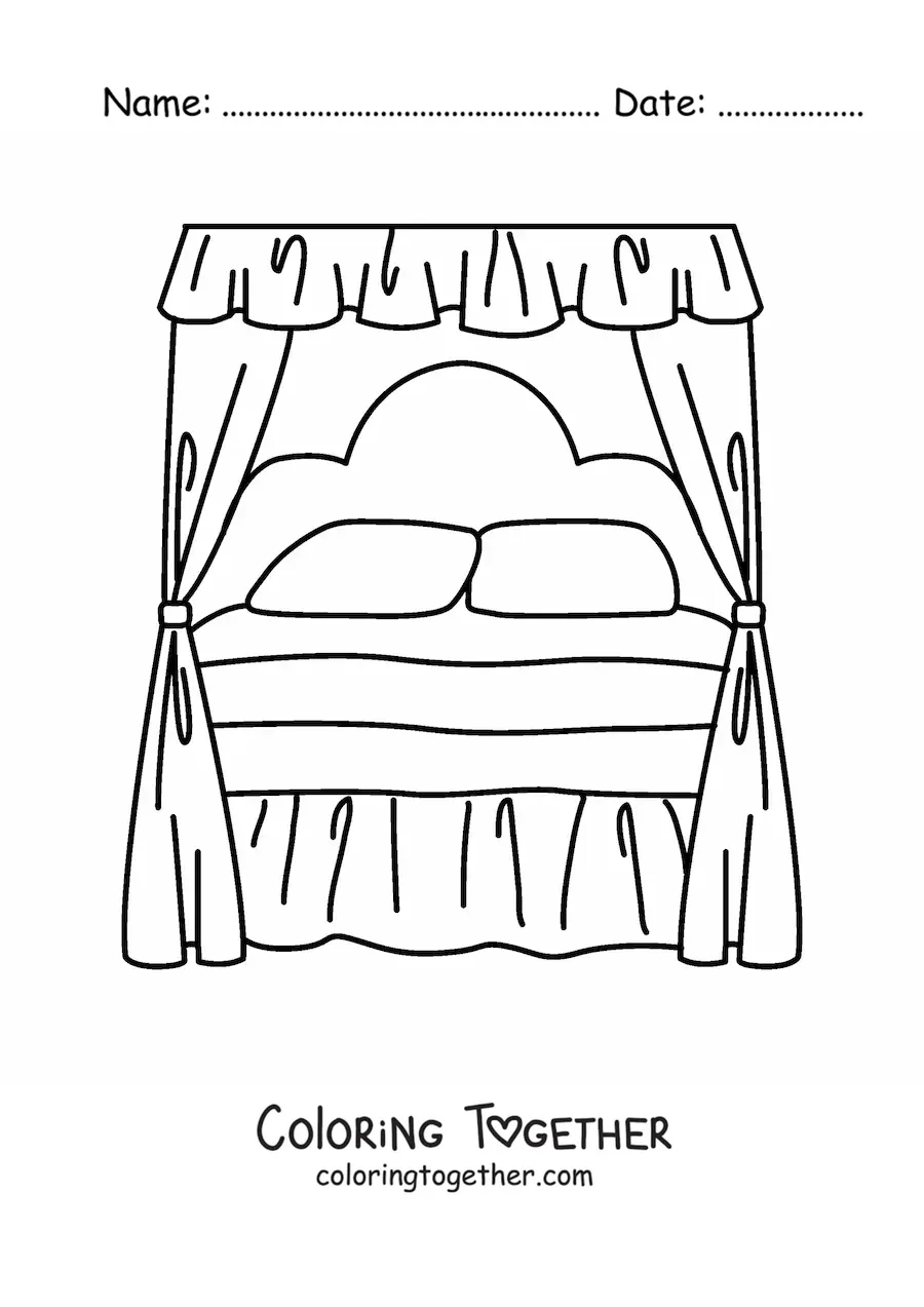 Coloring page of an antique canopy bed with two pillows