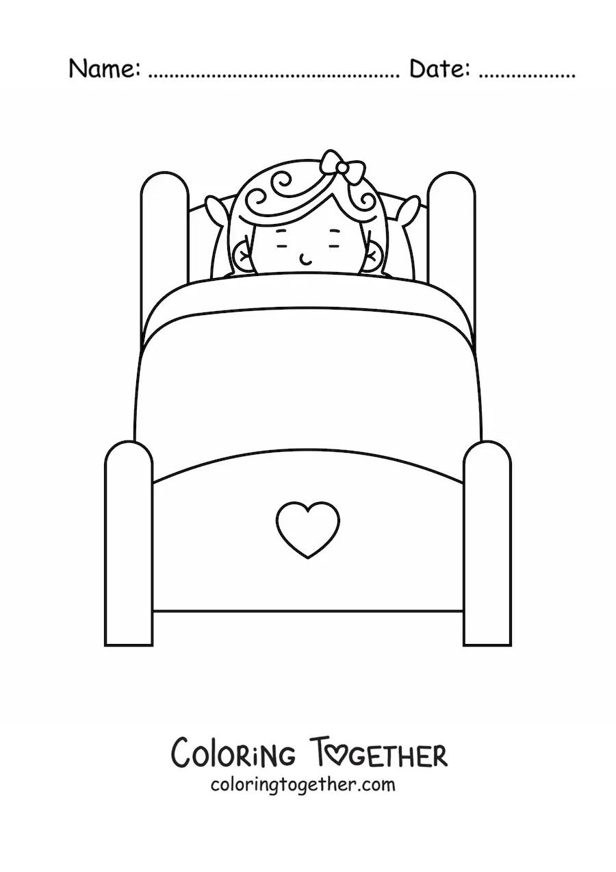 Coloring page of a wooden bed with a girl sleeping all tucked in