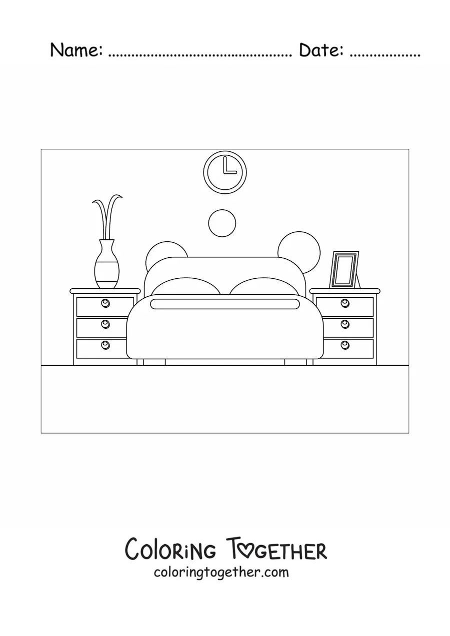 Coloring page of a room with a double bed