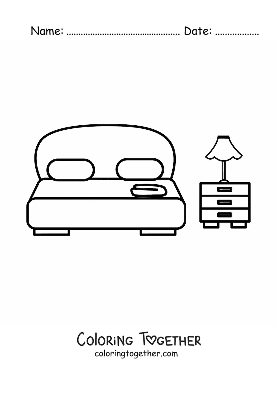 Coloring page of a double bed with two pillows next to a nightstand