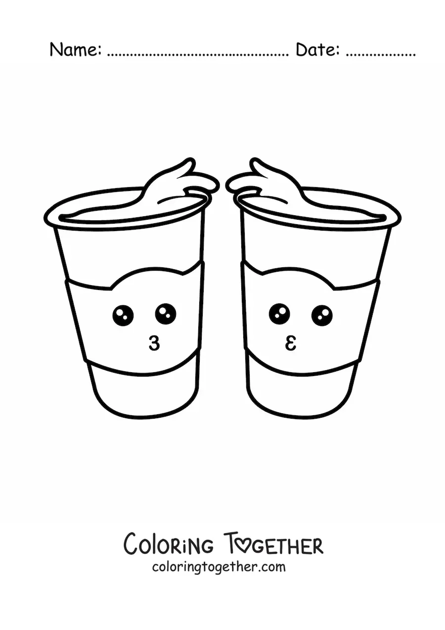 Coloring page of two kawaii cartoon cups overflowing with coffee