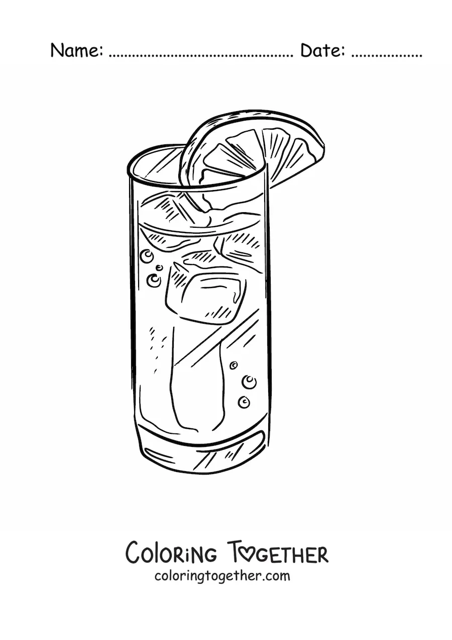 Coloring page of a realistic glass full of soda and ice, garnished with a slice of lemon