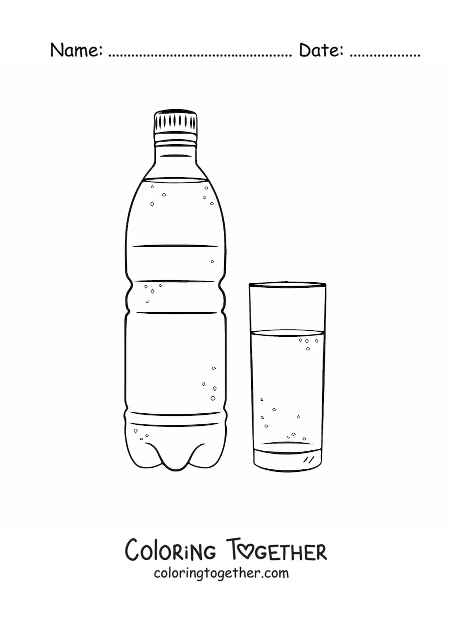 Coloring page of a bottle next to a glass full of water