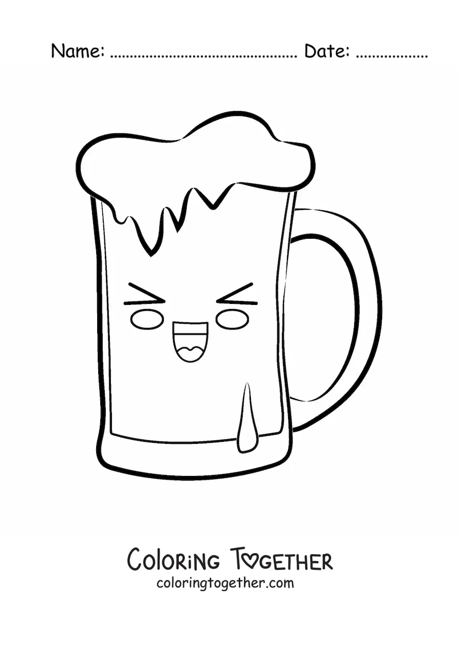 Coloring page of a happy cartoon glass full of beer