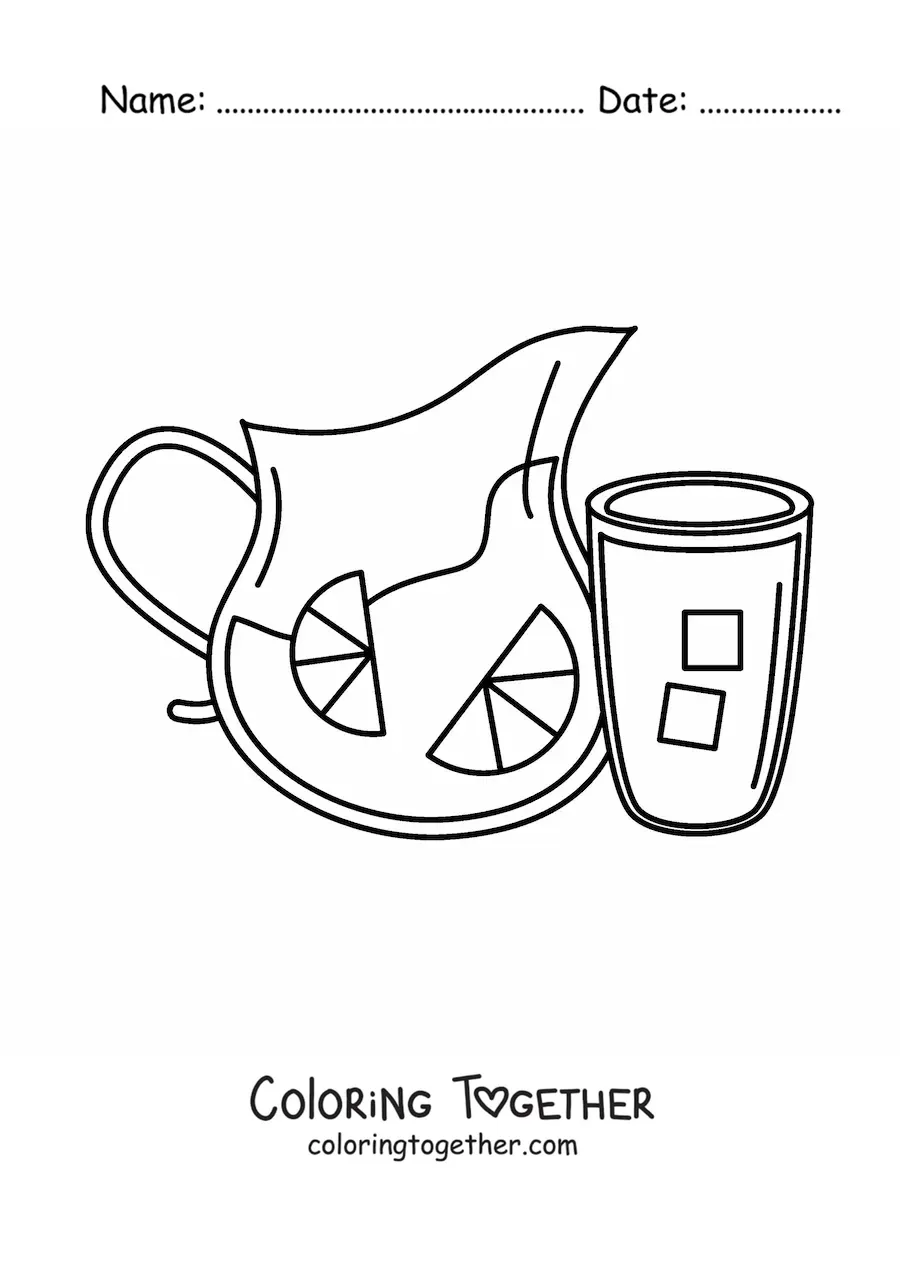 Coloring page of a full glass next to a pitcher full of lemonade with ice