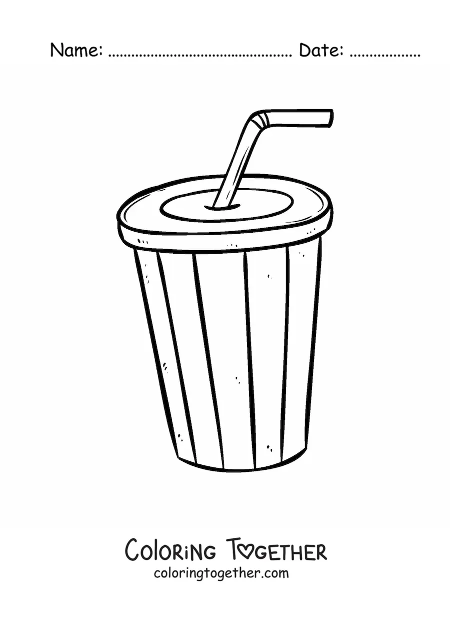 Coloring page of a disposable soda cup with a bent straw