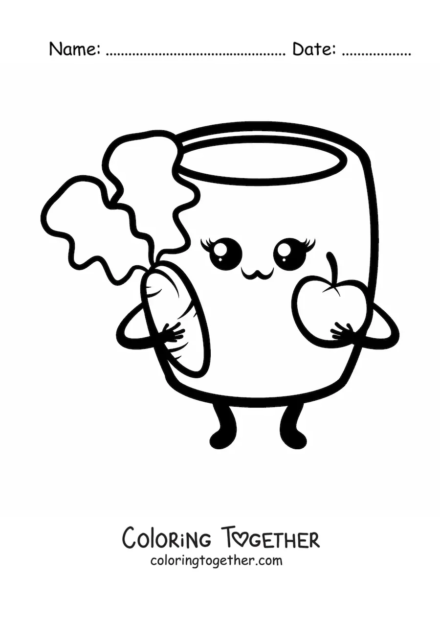 Coloring page of a full kawaii glass with hands and feet holding an apple and a carrot