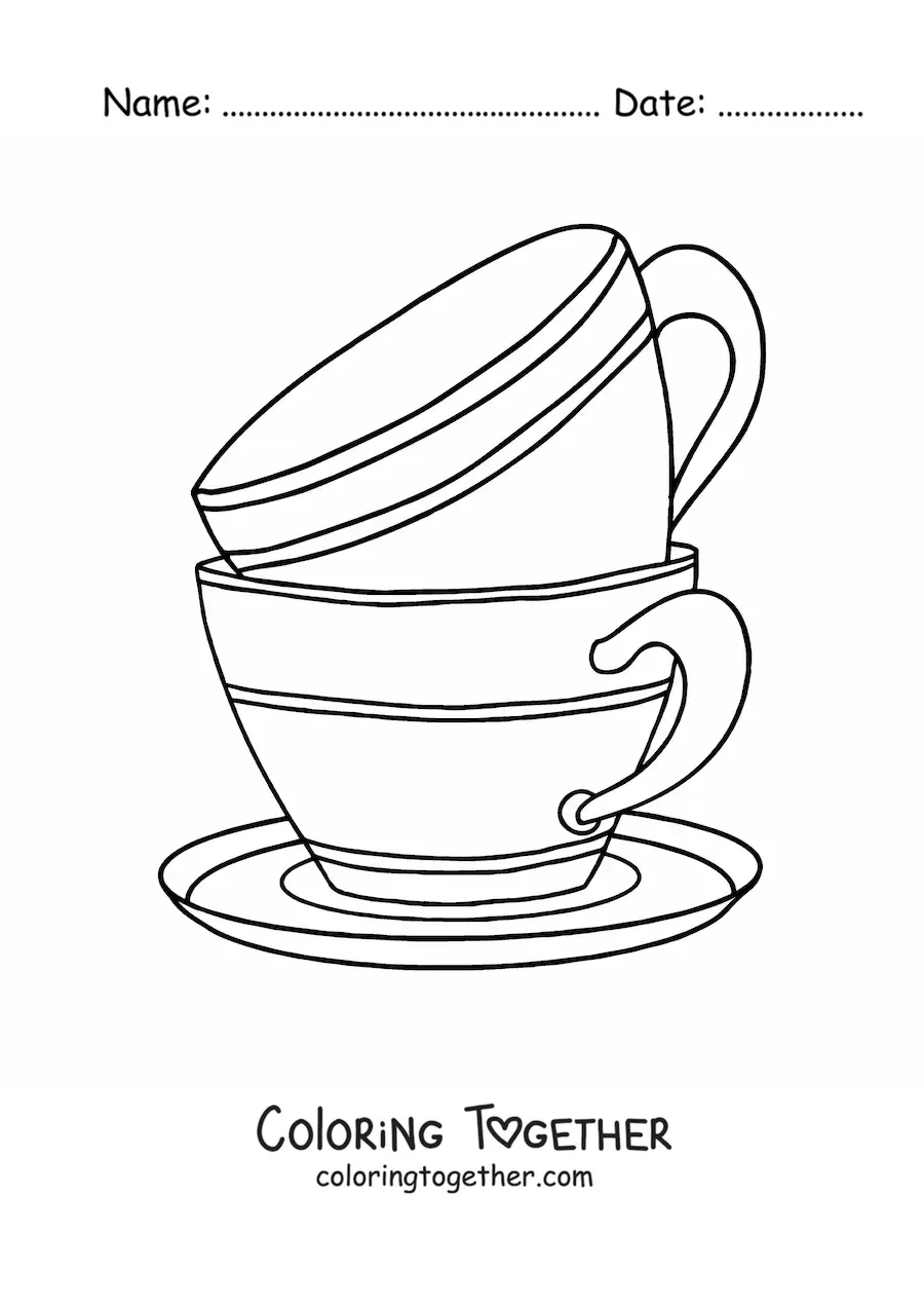 Coloring page of a mug on top of a mug on a saucer