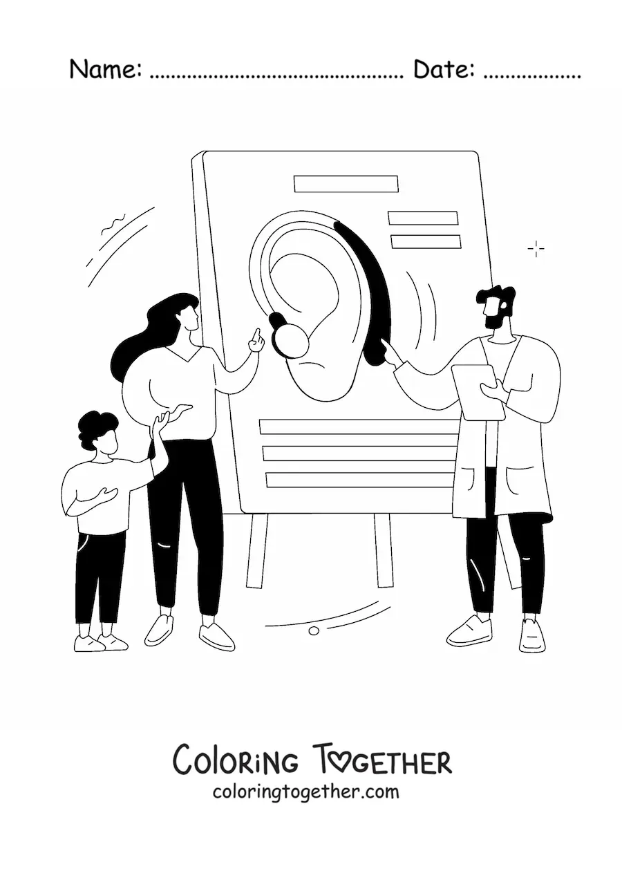 Coloring page of a doctor explaining to his patients how hearing works