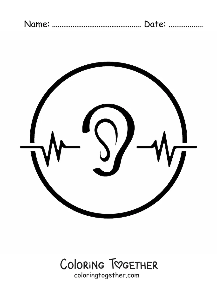 Coloring page of an ear inside a circle next to audio wave lines