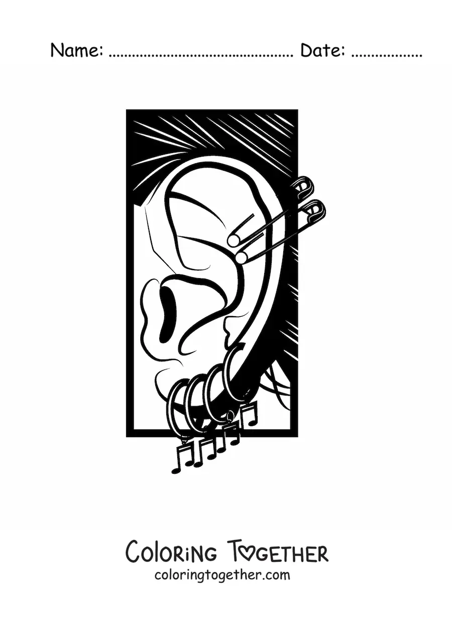 Coloring page of a human ear decorated with piercings