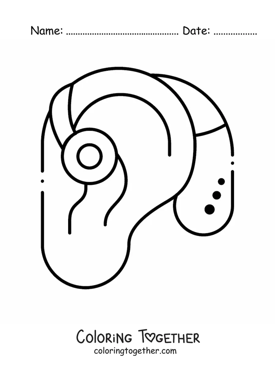 Coloring page of a hearing aid placed on an ear