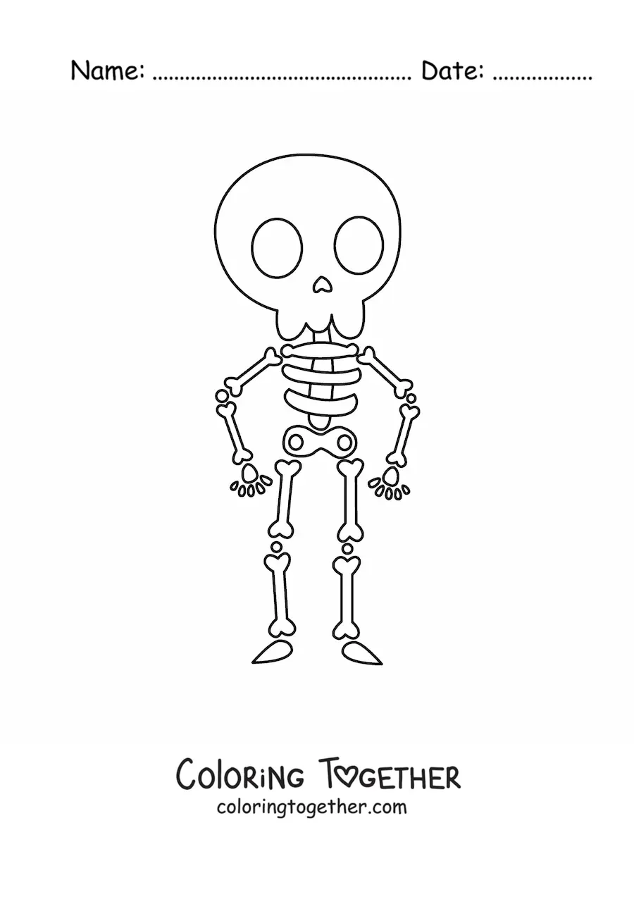 Coloring page of a whole kawaii human skeleton