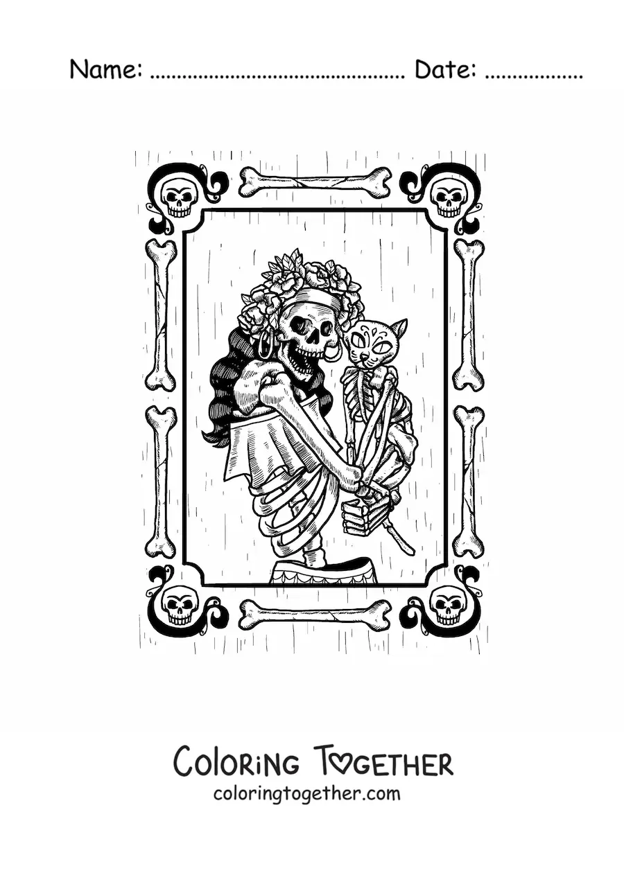 Coloring page of a portrait of a skeleton woman dressed for the Day of the Dead with a skeleton cat