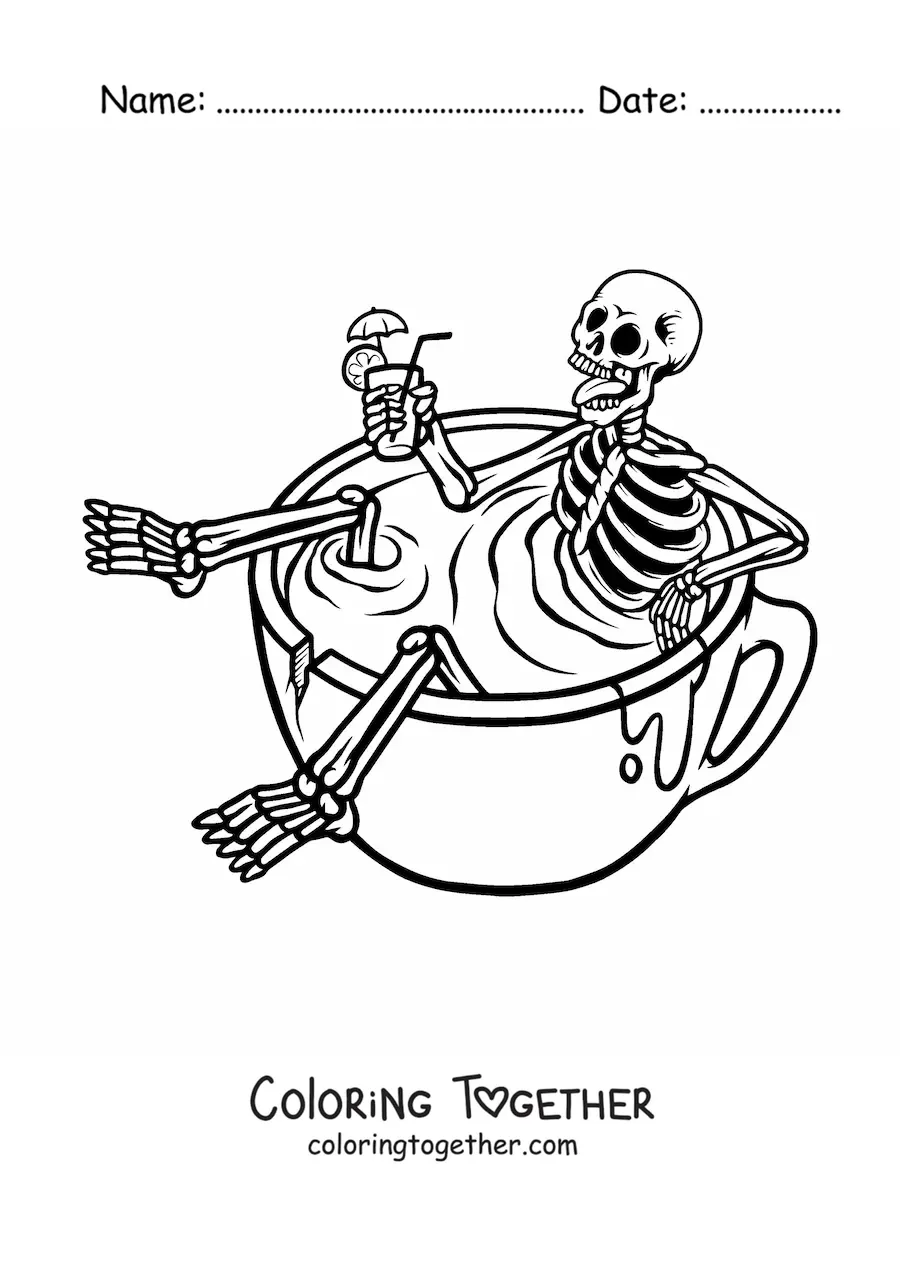 Coloring page of an animated human skeleton having a refreshing drink while sitting inside a full cup