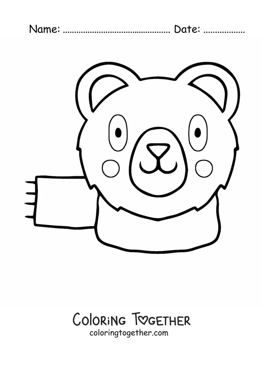 Coloring page of a cartoon kawaii bear face with a scarf