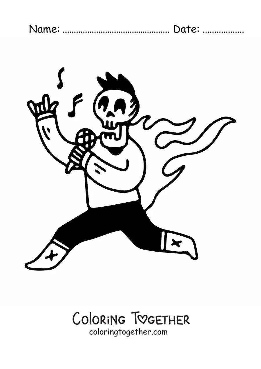Coloring page of a dressed-up human skeleton singing rock with flames behind its back
