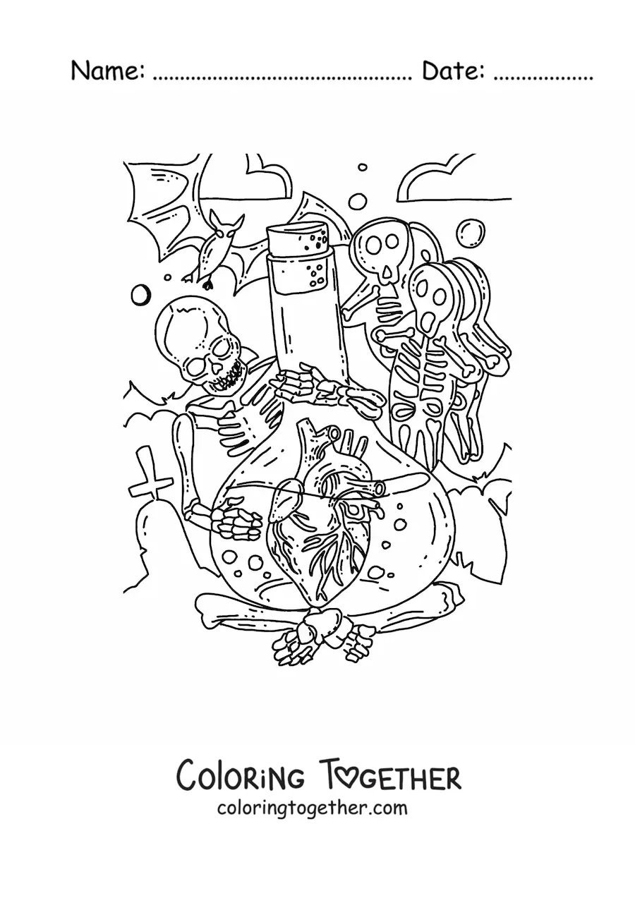 Coloring page of a skeleton holding a flask with a human heart, surrounded by Halloween decorations