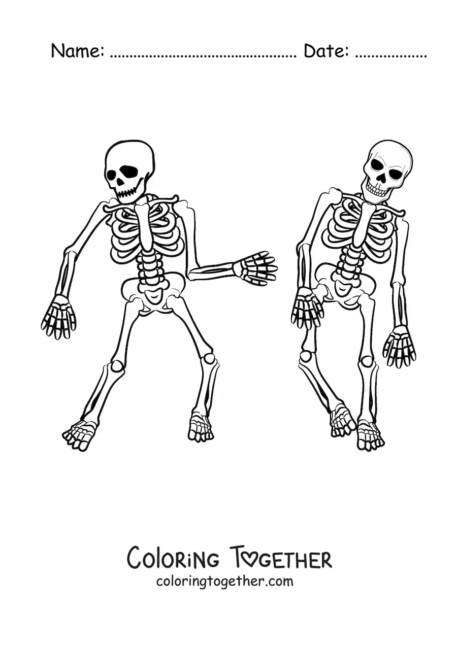 Coloring page of two human skeletons dancing