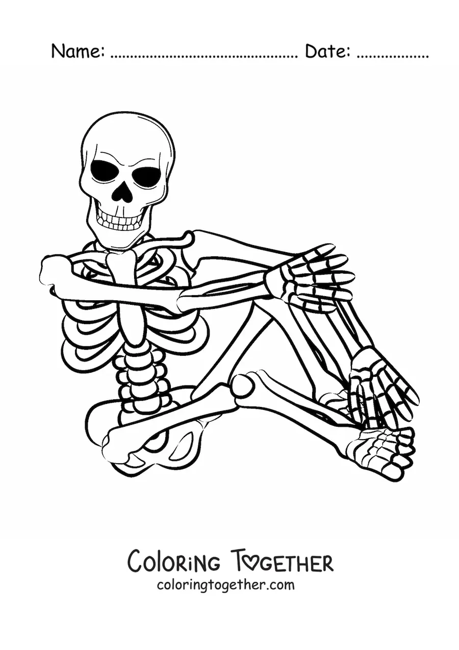 Coloring page of a human skeleton posing while sitting on the floor with one leg tucked up