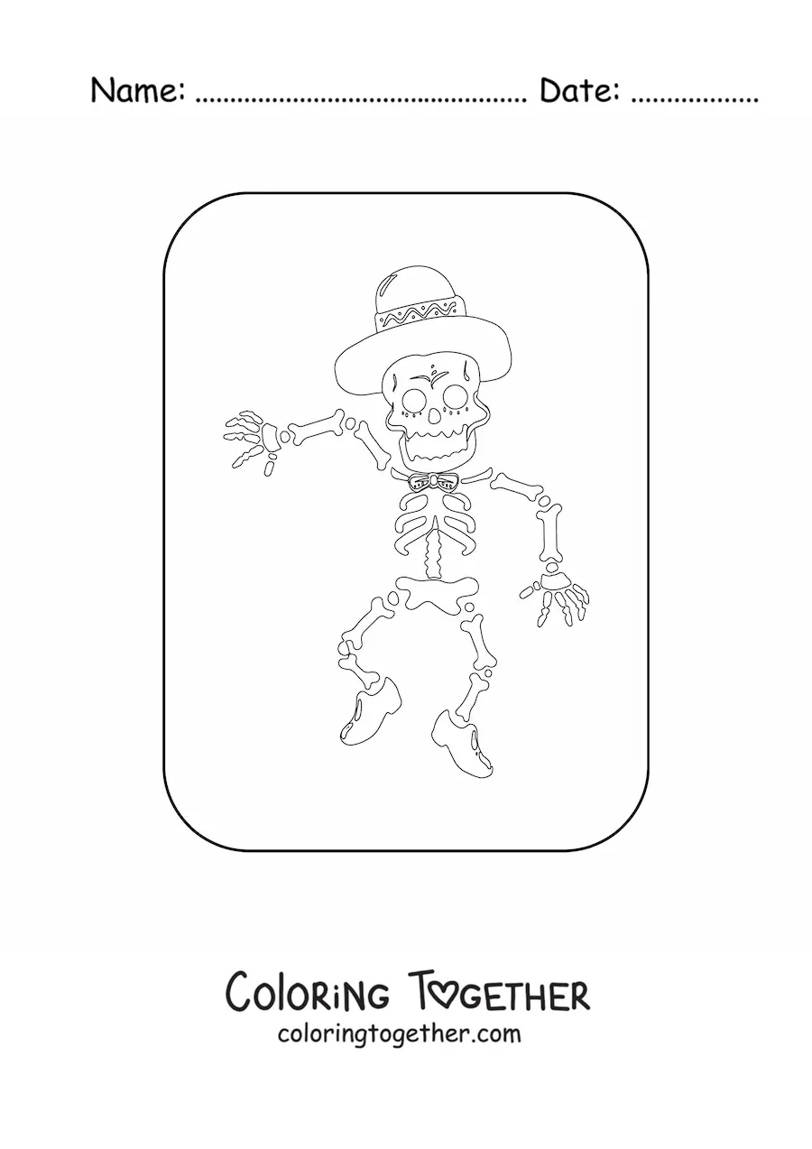 Coloring page of a human skeleton dancing with a hat on the Day of the Dead