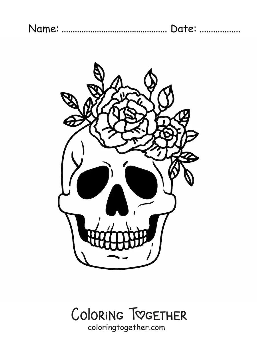 Coloring page of a skull decorated with flowers on top