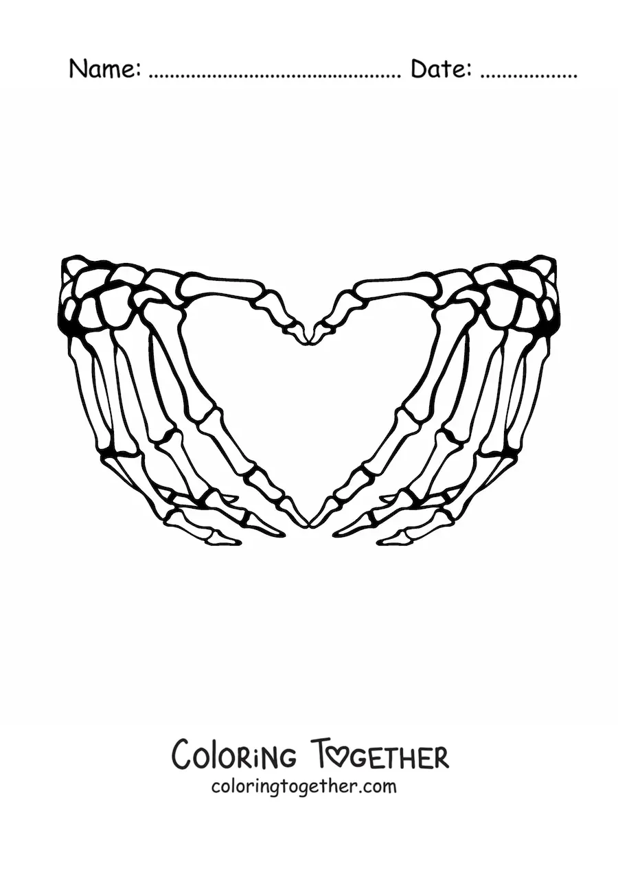 Coloring page of the bones of two hands together forming a heart