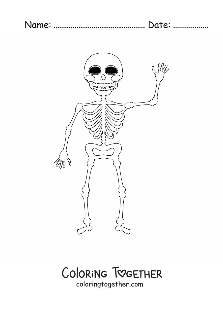 Coloring page of a smiling human skeleton waving hello
