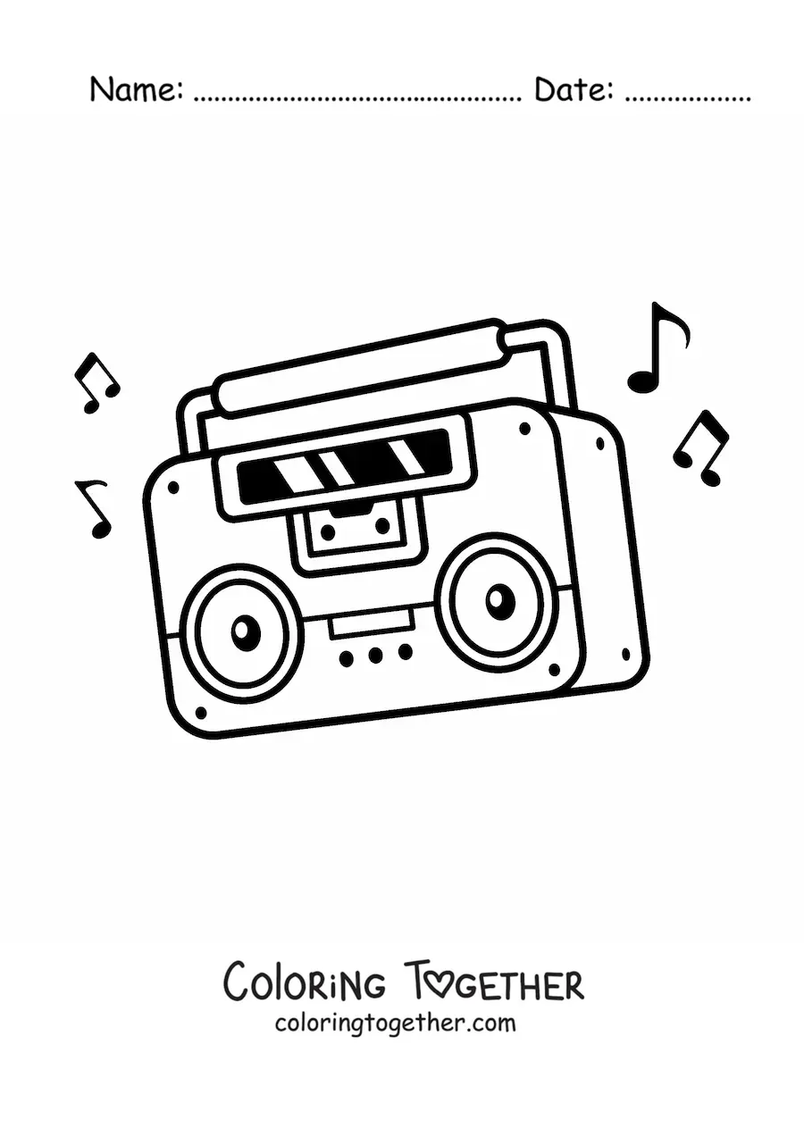 Coloring page of an animated cassette player radio with music