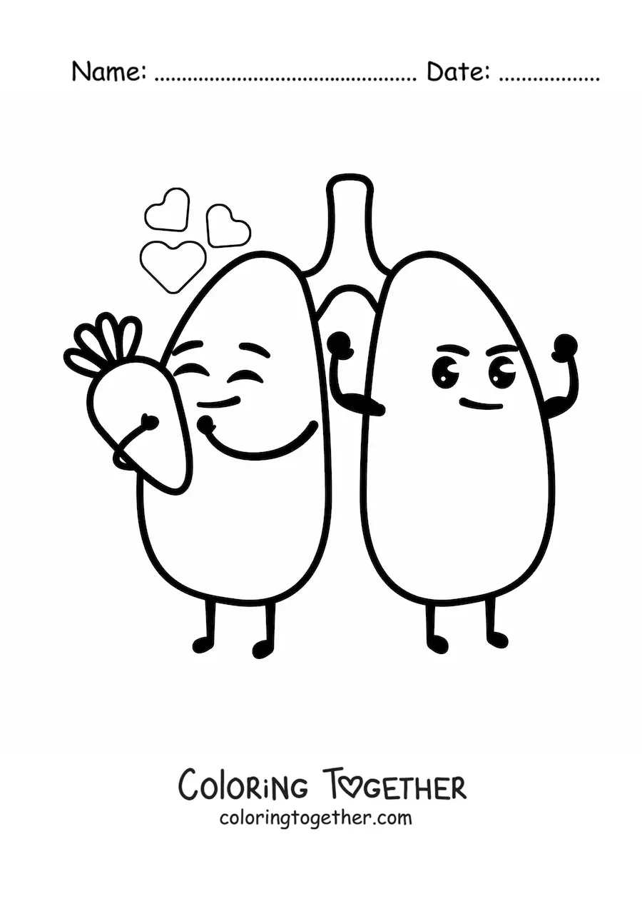 Coloring page of a pair of happy animated lungs holding a healthy carrot