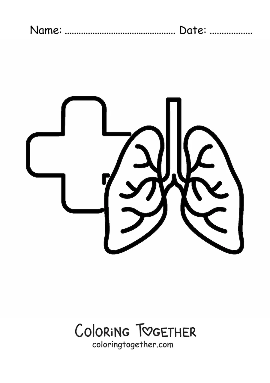 Coloring page of healthy lungs with a cross in the background