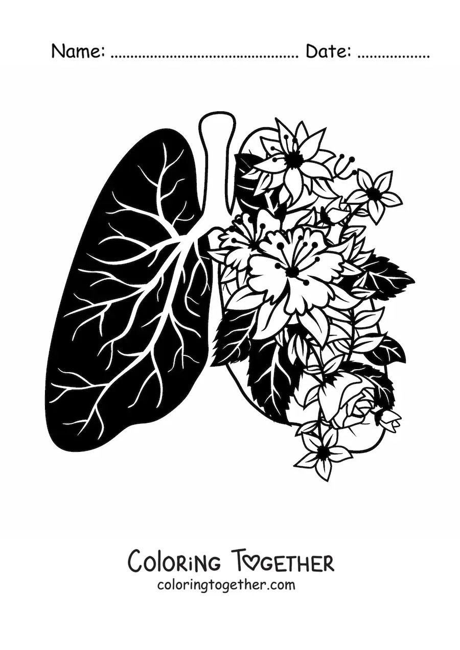 Coloring page of lungs with flowers sprouting from them